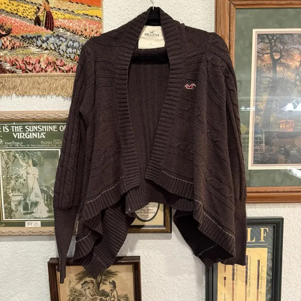 Vintage 00s RARE Hollister Brown Open Cardigan Knit Designer Sweater Size Large